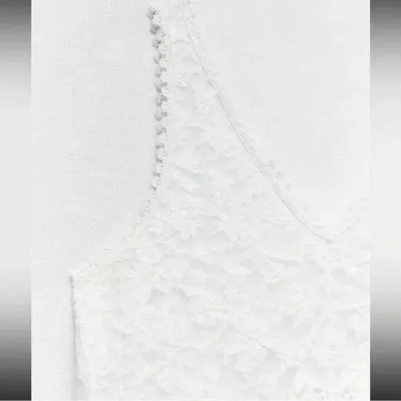 ZARA WHITE CONTRAST CROCHET KNIT MIDI DRESS Ruffled Hem $169 - Picture 4 of 8